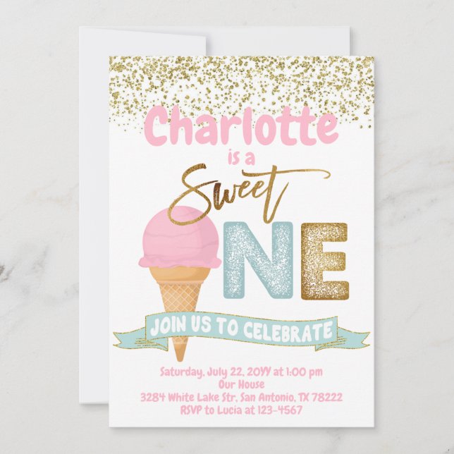Invitation Crème glacée sucré Un or arrose 1er anniversaire (Devant)