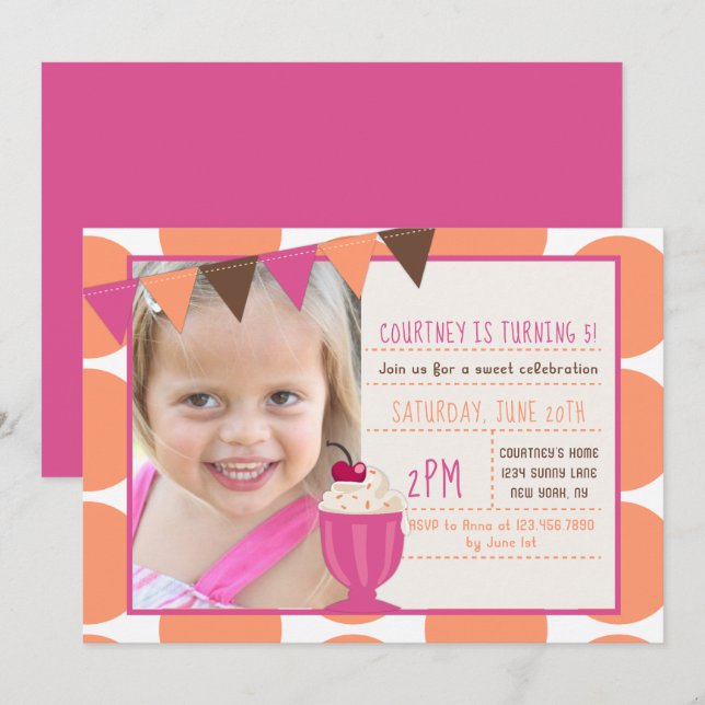Invitation Crème glacée Sundae Pois Fille Anniversaire (Devant / Derrière)