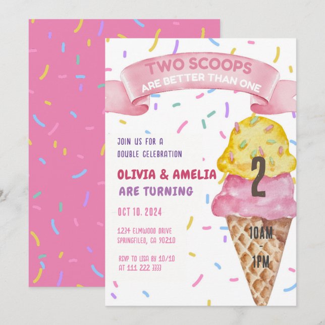 Invitation Crème glacée Twin Girls Deux Scoops Anniversaire (Devant / Derrière)