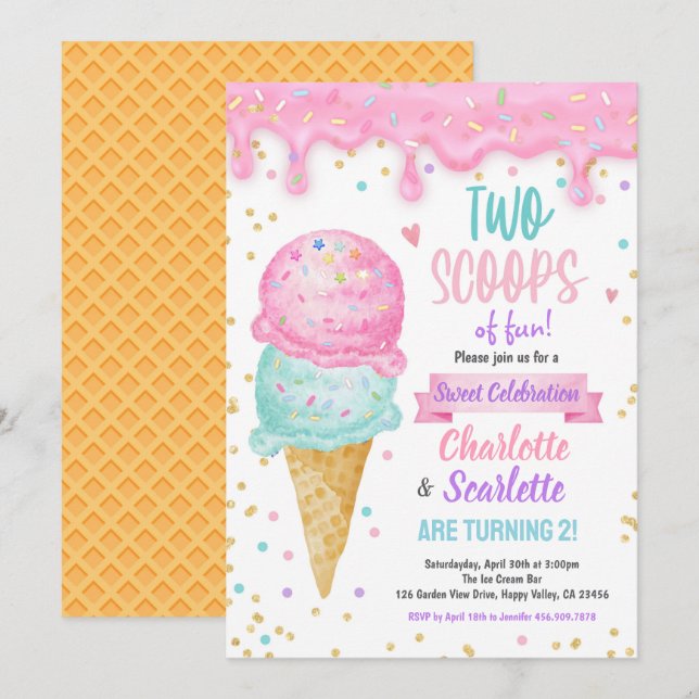 Invitation Crème glacée Twins Fille Anniversaire Pink violet (Devant / Derrière)