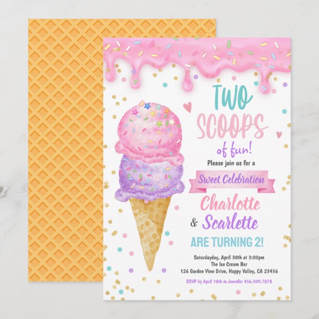 Invitation Crème glacée Twins Fille Anniversaire Pink violet (Devant / Derrière)