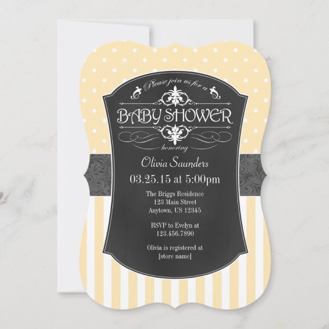 Invitation Crème Ivoire Gris Chalkboard rayures Baby shower (Devant)