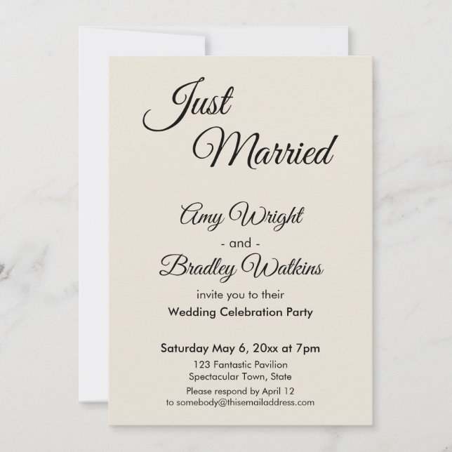 Invitation Crème "Just Married" Réception Simple, Élégante (Devant)