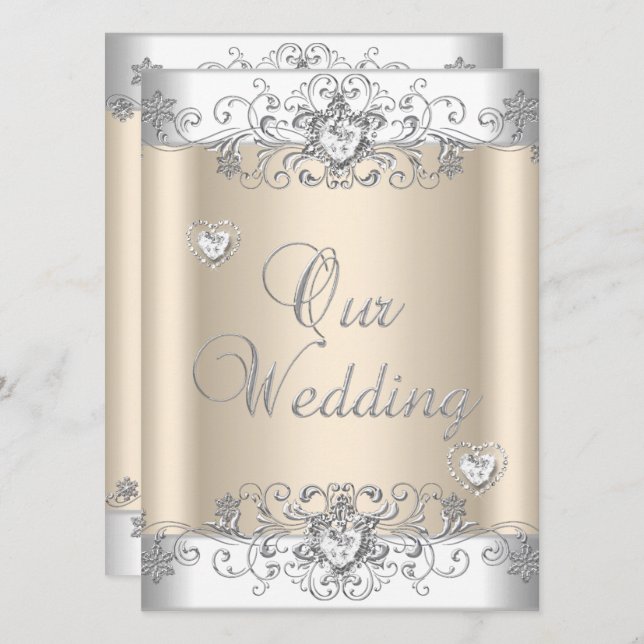 Invitation Crème Mariage Argent Coeurs Diamants Blancs (Devant / Derrière)