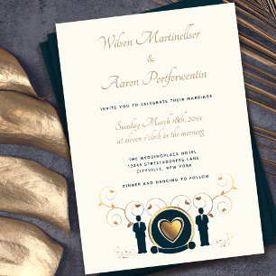 Invitation Crème Mariage Gold Heart Homme Blue LGBTQ