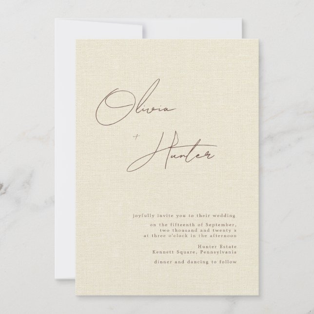 Invitation Crème minimaliste Faux Linen Mariage (Devant)