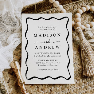 Invitation Crème moderne et Mariage de cadre noir vague