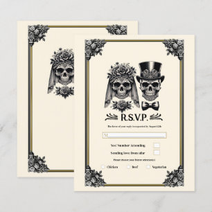 Invitation Crème Noir & Or Vintage Squelette Mariage RSVP