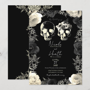 Invitation Crème noire Gris Squelette Crâne Mariage gothique