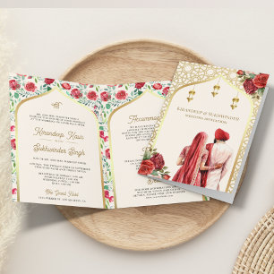 Invitation Crème Or Roses Rouges Tout en Un Mariage Sikh