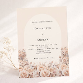Invitation Crème pêche rose or florales arc photo mariage
