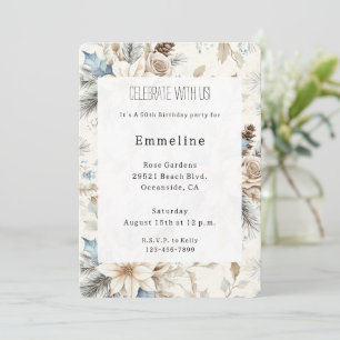 Invitation Crème Poinsettia Bleu Floral Anniversaire