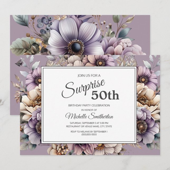 Invitation Crème pourpre Taupe Floral Surprse 50e anniversair (Devant / Derrière)