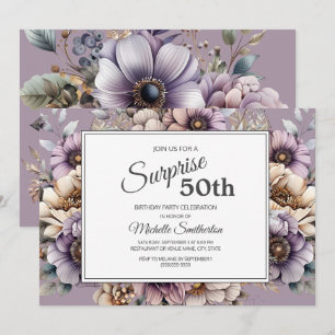 Invitation Crème pourpre Taupe Floral Surprse 50e anniversair