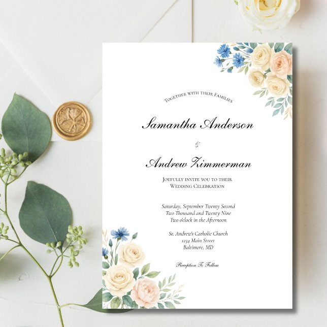 Invitation Crème rose Bleu Noir Floral Élégant Mariage (Blue blush pink and cream watercolor floral elegant wedding invitation. Printed or Digital Download)