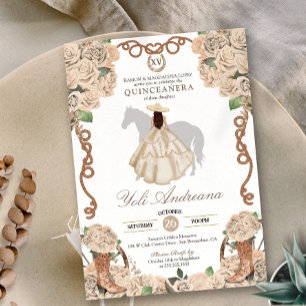 Invitation Crème Rose Champagne Floral Charro Quinceanera