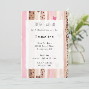 Invitation Crème rose Coeurs Léopard Stripes Anniversaire