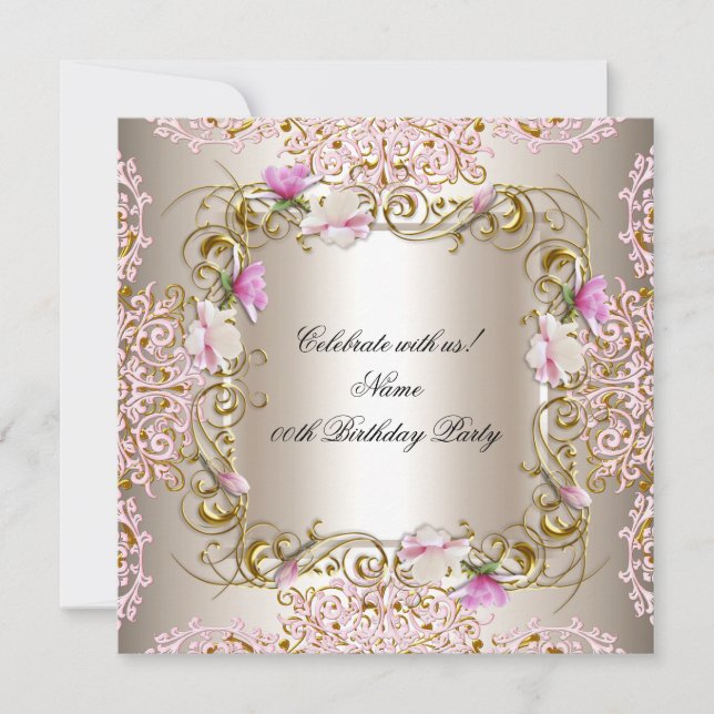 Invitation Crème rose Damask Gold Flowers Anniversaire (Devant)