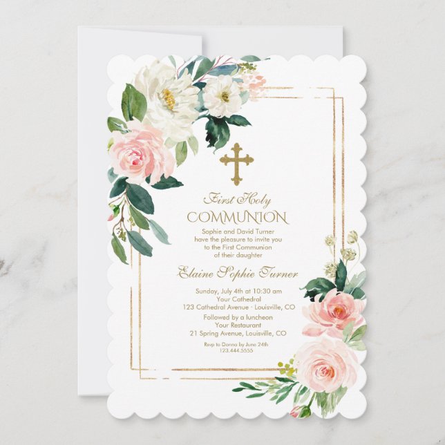 Invitation Crème rose Floral Géométrique Première Sainte Comm (Devant)