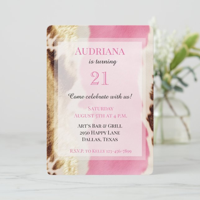 Invitation Crème rose or Cowgirl Cowhide Anniversaire (Debout devant)