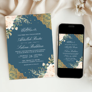 Invitation Crème Rose Or Lace Code QR Bleu Mariage Musulman