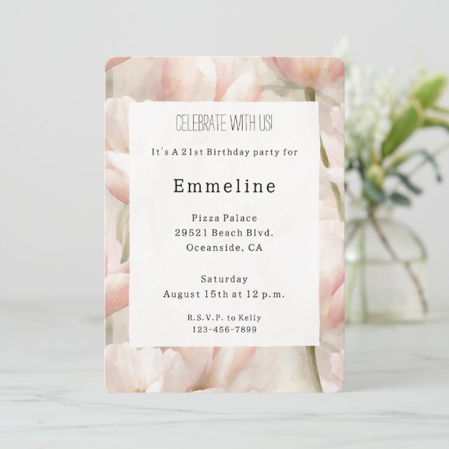 Invitation Crème rose pâle Tulipes Fleurs Anniversaire romant (Debout devant)