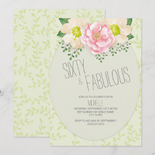 Invitation Crème rose vintage verdure fleurie 60e anniversair