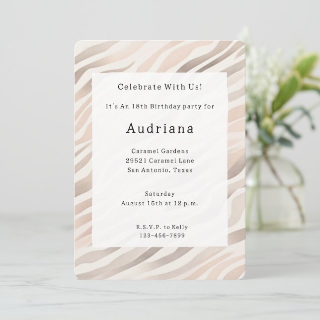 Invitation Crème rose Zebra Poster de animal Anniversaire (Debout devant)