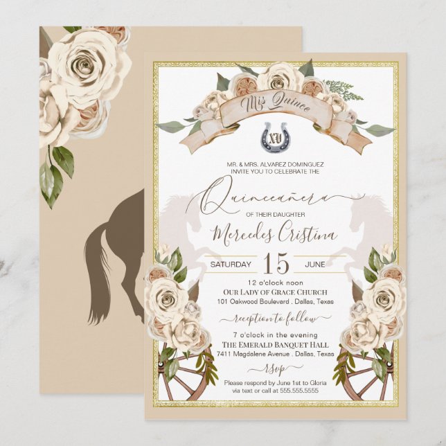 Invitation Crème Roses Blanches Ouest Charro Quinceanera (Devant / Derrière)