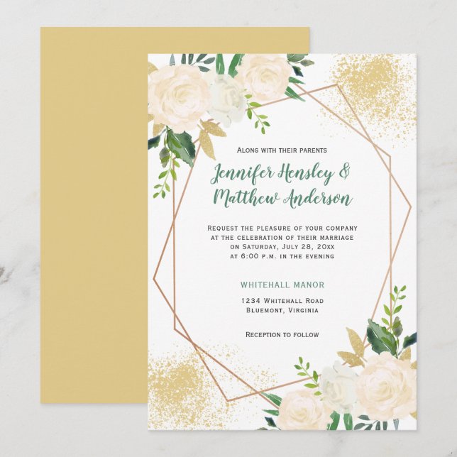 Invitation Crème Roses blanches Parties scintillant géométriq (Devant / Derrière)