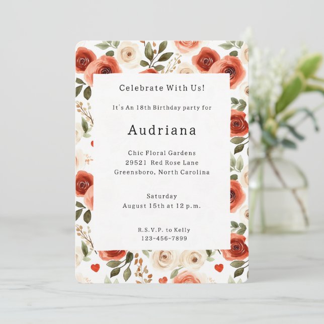 Invitation Crème rouge Coeurs et fleurs Anniversaire (Debout devant)