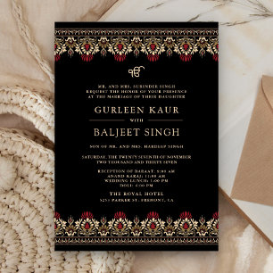 Invitation Crème rouge noire Ikat Anand Karaj Sikh Mariage