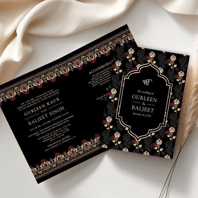 Invitation Crème rouge noire Ikat Tous en un Mariage sikh (Créateur téléchargé)