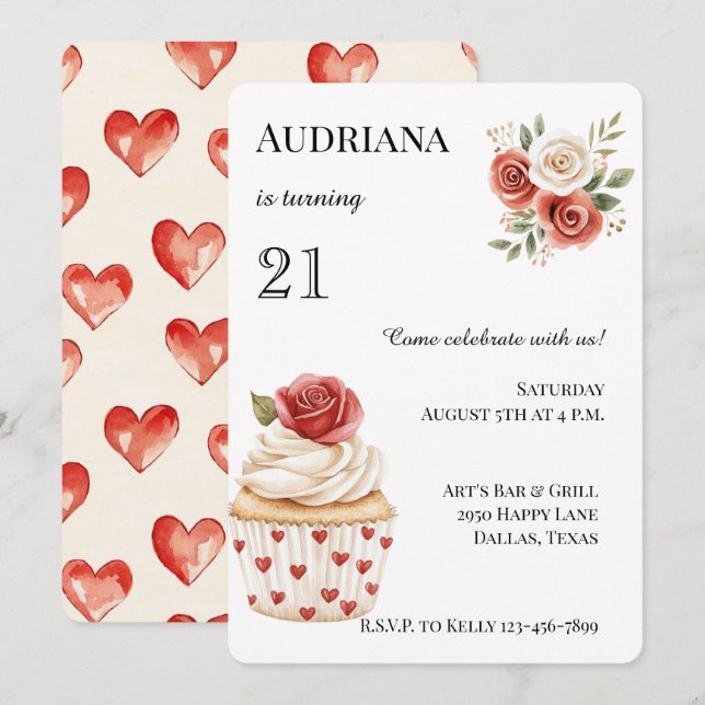 Invitation Crème Rouge Rose Cupcake Coeurs Floral Anniversair (Devant / Derrière)