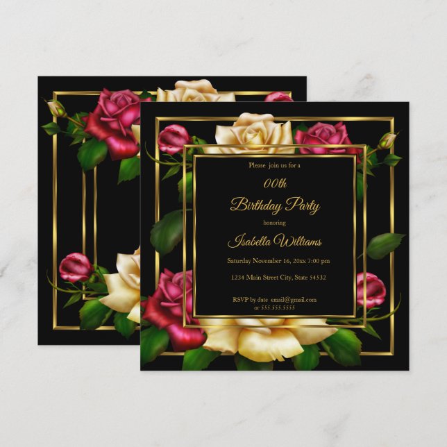 Invitation Crème rouge Rose floral Or noir fête d'anniversair (Devant / Derrière)
