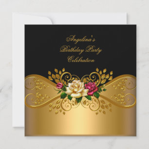 Invitation Crème rouge rose rose Black Gold fête d'anniversai