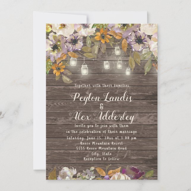 Invitation Crème rouille Floral Bois Chaîne Lumières Mariage (Devant)