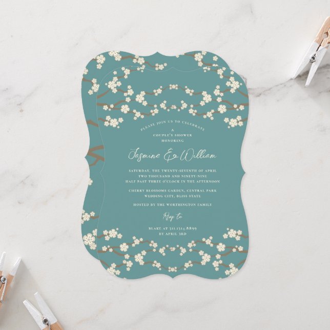 Invitation Crème Sakura Fleurs de cerises Mariage d'Asie Turq (Devant/Arrière en situation)