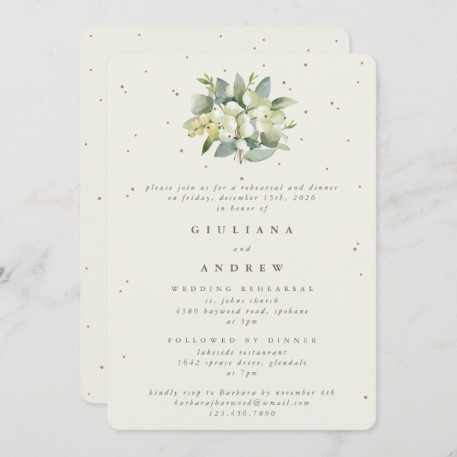 Invitation Crème Snowberry+Eucalyptus Mariage répétition (Devant / Derrière)