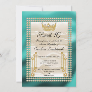 Invitation Crème Soie Douce 16 Couronne perle Turquoise Métal
