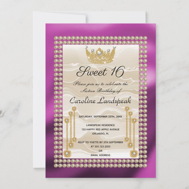 Invitation Crème soie douce 16 Pearl Couronne Fuchsia Metalli (Devant)