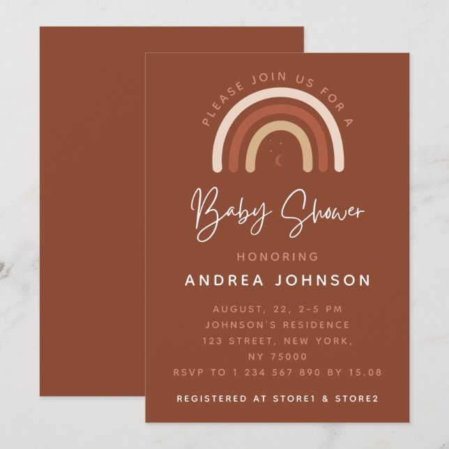 Invitation Crème & Terracotta Boho Rainbow Moon Baby shower I (Devant / Derrière)