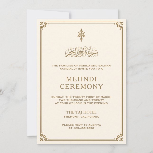 Invitation Crème traditionnelle Gold Frontière Islam Mehndi (Devant)