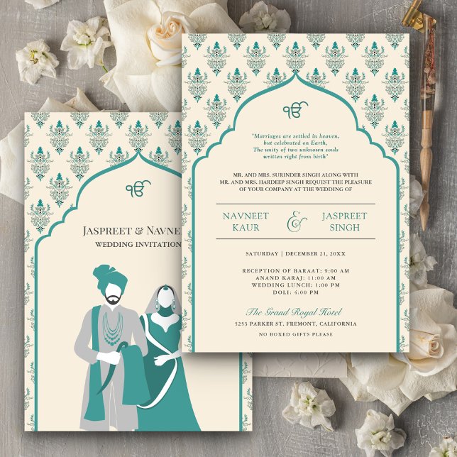 Invitation Crème Turquoise Punjabi Anand Karaj Sikh Mariage (Créateur téléchargé)