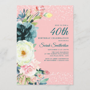 Invitation Crème Turquoise rose Floral 40e anniversaire