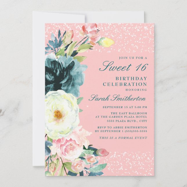 Invitation Crème Turquoise rose Floral Sweet 16 Anniversaire (Devant)