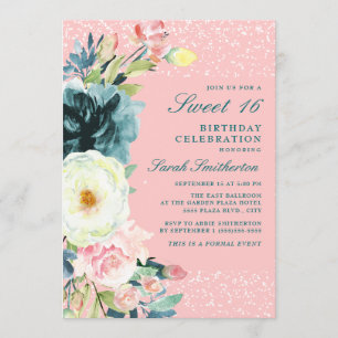 Invitation Crème Turquoise rose Floral Sweet 16 Anniversaire