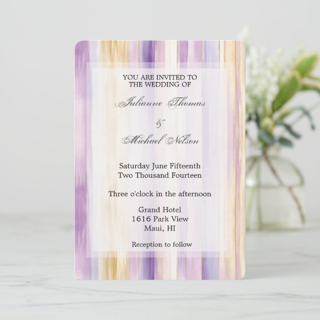 Invitation Crème violet romantique Iris Stripes Mariage (Debout devant)