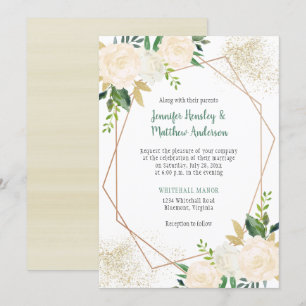 Invitation Crème White Roses Modern Geometry Gold Parties sci