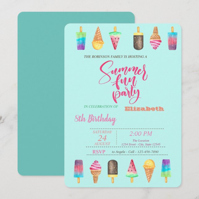 Invitation Crèmes glacées Fête d'anniversaire d'été (Devant / Derrière)